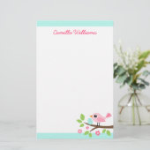 かわいいピンクの鳥と卵を枝付き名前をカスタムする 便箋 (スタンド正面)