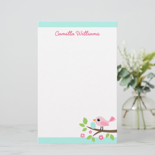 かわいいピンクの鳥と卵を枝付き名前をカスタムする 便箋 (スタンド正面)