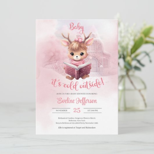 かわいいピンクの鹿読が冬の本の森 招待状 (スタンド正面)