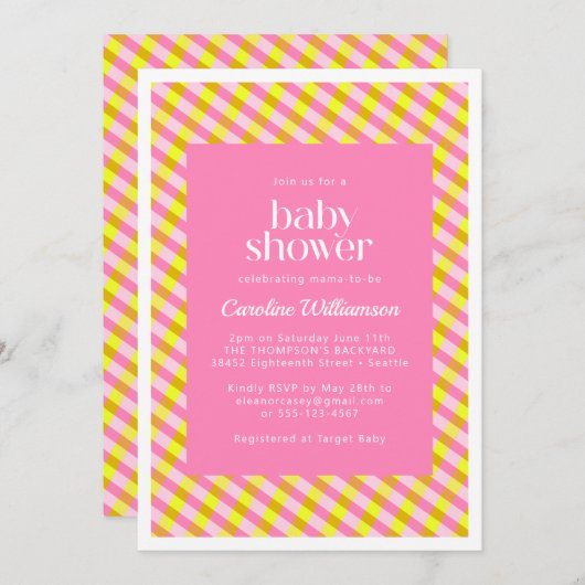 かわいいピンクの黄色の格子模様ベビーシャワー 招待状 (正面/裏面)