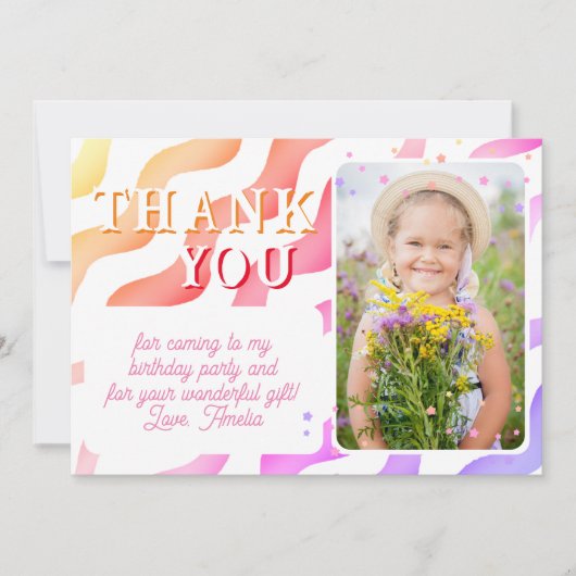 かわいいピンクの黄色の波ガールフォト誕生日 サンキューカード (正面)