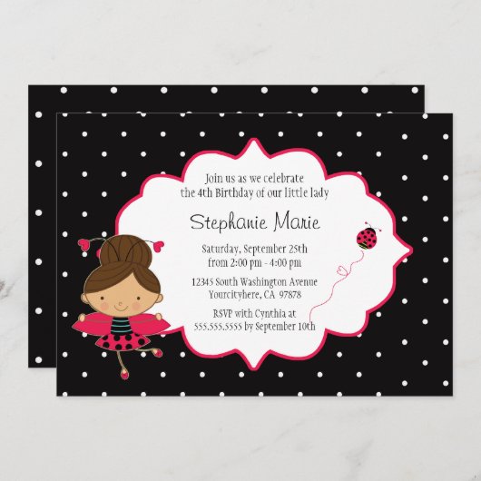 かわいいピンクの黒いてんとう虫の誕生日のパーティの招待状 招待状 (正面/裏面)