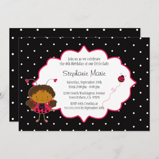 かわいいピンクの黒いラディバグ誕生パーティーの招待 招待状 (正面/裏面)