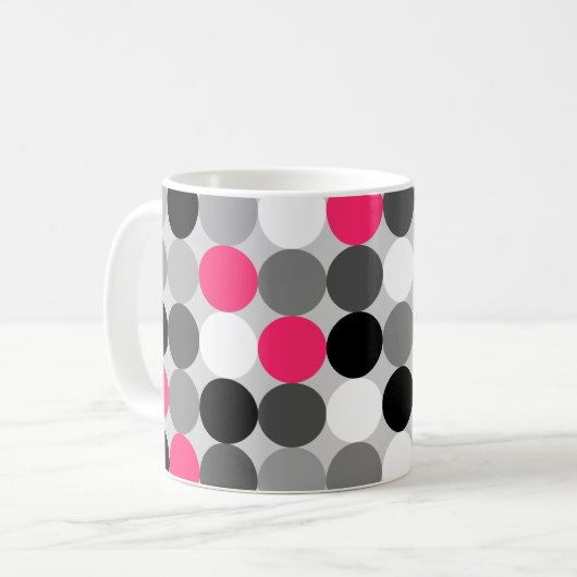 かわいいピンクの黒と白のドットのベクトルパターン コーヒーマグカップ (正面左)
