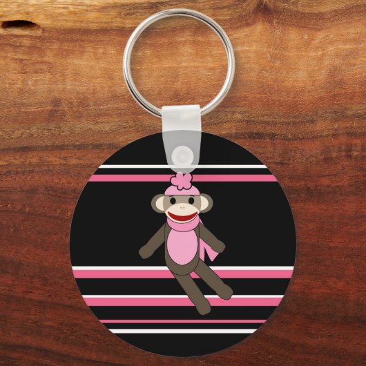 かわいいピンクの黒ストライプい靴下モンキーガールフラワーハット キーホルダー (正面)