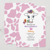 かわいいピンクの1歳誕生日招待状 招待状 (正面/裏面)