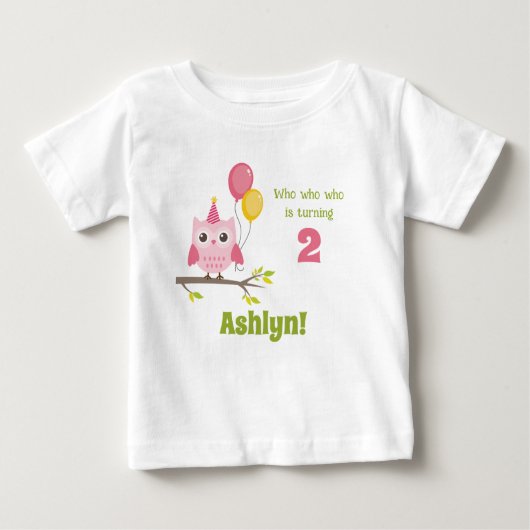 かわいいピンクの2歳になるパーティーオウル 2歳の誕生日 ベビーTシャツ (正面)