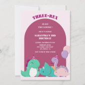 かわいいピンクの3レックス3位の恐竜の誕生日 招待状 (正面)