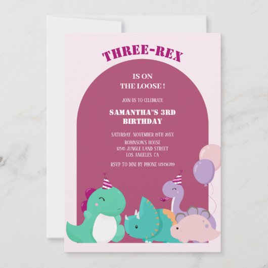 かわいいピンクの3レックス3位の恐竜の誕生日 招待状 (正面)