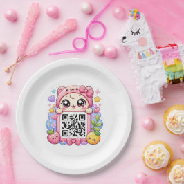 かわいいピンクのQRコードキャラクター フローラルパステルR ペーパープレート