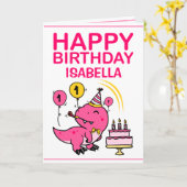 かわいいピンクのTレックスディノ孫娘1歳の誕生日 カード (黄色い花)