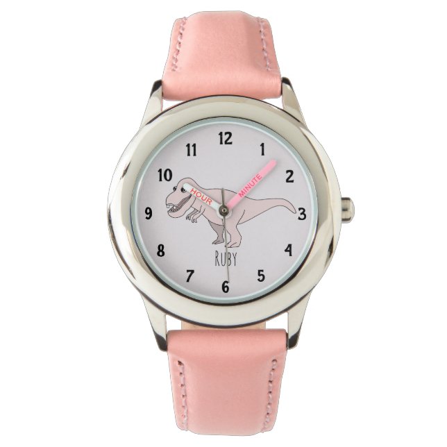 かわいいピンクのTレックス恐竜の子どもたち（名前は子ども） 腕時計 (正面)