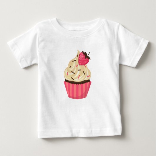 かわいいピンクはいちごのカップケーキを振りかけます ベビーTシャツ (正面)