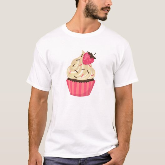 かわいいピンクはいちごのカップケーキを振りかけます Tシャツ (正面)