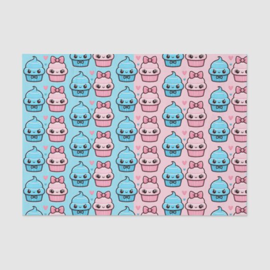 かわいいピンクやブルーの性別でカップケーキを見る 薄葉紙 (正面)