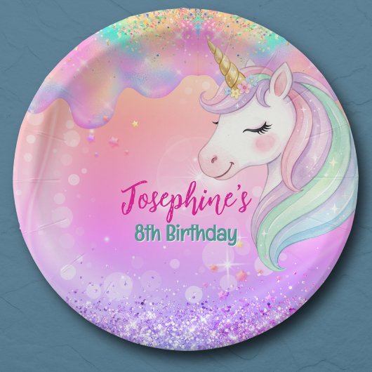 かわいいピンクアクアユニコーンの誕生日 ペーパープレート