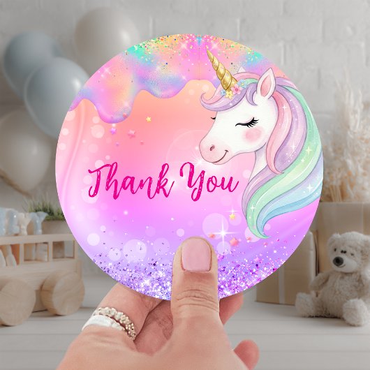 かわいいピンクアクアユニコーンの誕生日 ラウンドシール