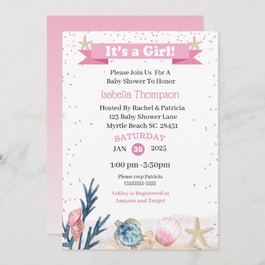 かわいいピンクアンダーザシー招待状 招待状 (正面/裏面)