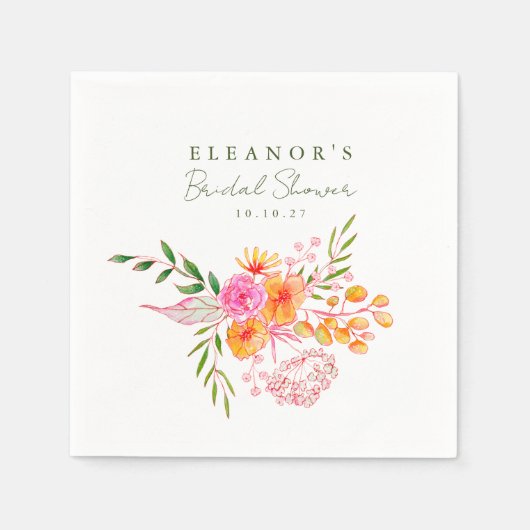 かわいいピンクオレンジの花の水彩ウェディングシャワー スタンダードカクテルナプキン (正面)