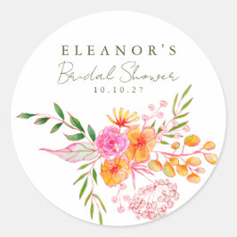 かわいいピンクオレンジの花の水彩ウェディングシャワー ラウンドシール