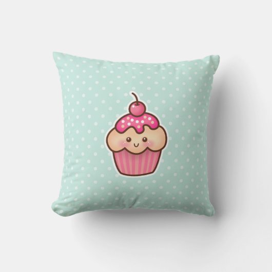 かわいいピンクカップケーキと可愛いミントブルー水玉模様 クッション (正面)