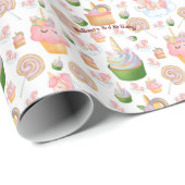 かわいいピンクカラフルキッズカップケーキユニコーン誕生日 ラッピングペーパー (ロールコーナー)