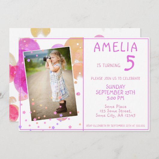 かわいいピンクガーリーの泡キッドの写真誕生日 招待状 (正面/裏面)