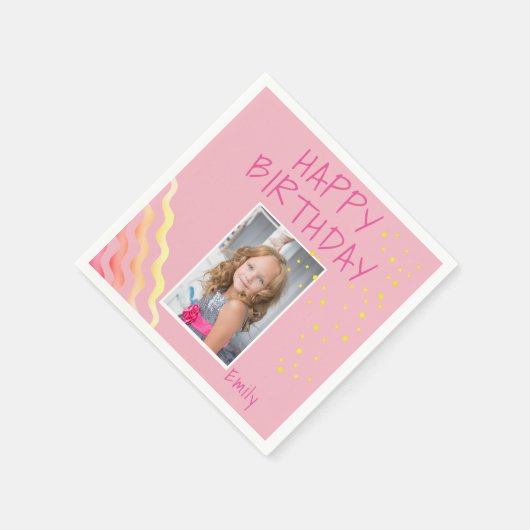 かわいいピンクガーリー誕生日写真 スタンダードカクテルナプキン (角)