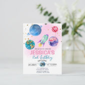 かわいいピンクガールパーティー宇宙飛行士誕生日 ポストカード (スタンド正面)