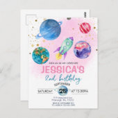 かわいいピンクガールパーティー宇宙飛行士誕生日 ポストカード (正面/裏面)