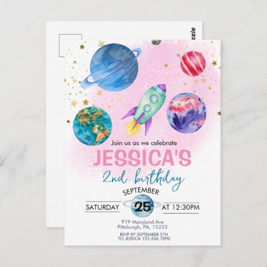 かわいいピンクガールパーティー宇宙飛行士誕生日 ポストカード (正面/裏面)