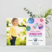 かわいいピンクガールパーティー宇宙飛行士誕生日 招待状 (スタンド正面)