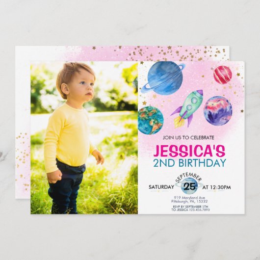 かわいいピンクガールパーティー宇宙飛行士誕生日 招待状 (正面/裏面)