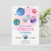 かわいいピンクガールパーティー宇宙飛行士誕生日 招待状 (スタンド正面)