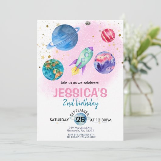 かわいいピンクガールパーティー宇宙飛行士誕生日 招待状 (スタンド正面)
