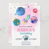 かわいいピンクガールパーティー宇宙飛行士誕生日 招待状 (正面/裏面)