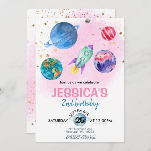 かわいいピンクガールパーティー宇宙飛行士誕生日 招待状 (正面/裏面)