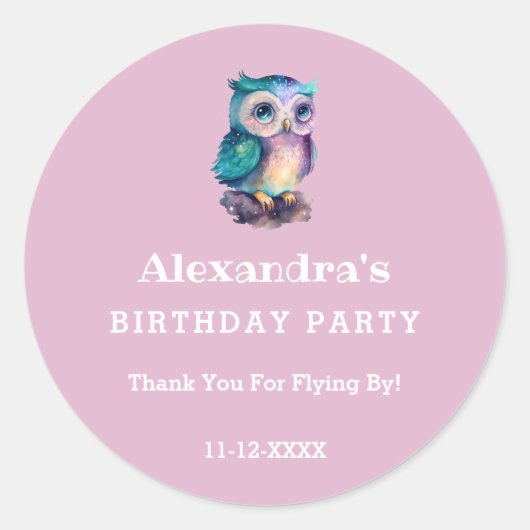 かわいいピンクキッズフクロウ誕生日ありがとう ラウンドシール (正面)