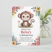 かわいいピンクキッズモンキー1st誕生日パーティー 招待状 (スタンド正面)