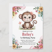 かわいいピンクキッズモンキー1st誕生日パーティー 招待状 (正面)