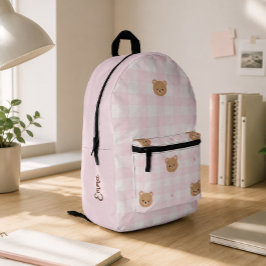 かわいいピンクギンガムチェックのクマの女の子のスクールパーソナライズデザイン プリントバックパック