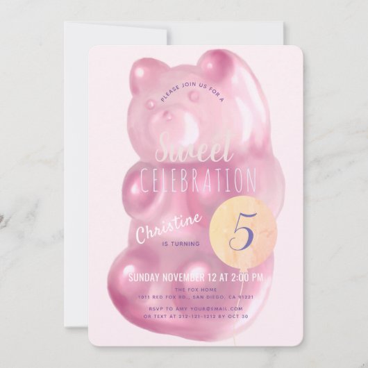 かわいいピンクグミベア甘いガールキャンディ誕生日 招待状 (正面)