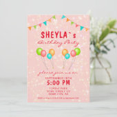かわいいピンクグリッターバルーンガーリーバースデーパーティー 招待状 (スタンド正面)