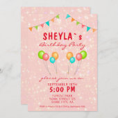 かわいいピンクグリッターバルーンガーリーバースデーパーティー 招待状 (正面/裏面)