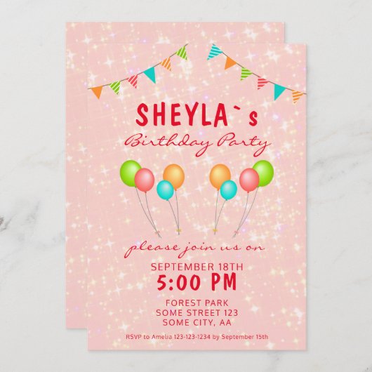 かわいいピンクグリッターバルーンガーリーバースデーパーティー 招待状 (正面/裏面)