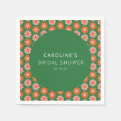 かわいいピンクグリーン レトロ フラワーズ ブライダルシャワー オーダーメイド スタンダードカクテルナプキン (正面)