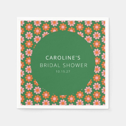 かわいいピンクグリーン レトロ フラワーズ ブライダルシャワー オーダーメイド スタンダードカクテルナプキン (正面)