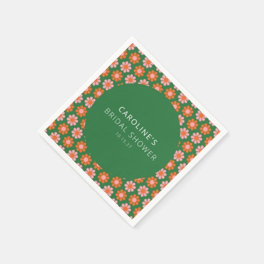 かわいいピンクグリーン レトロ フラワーズ ブライダルシャワー オーダーメイド スタンダードカクテルナプキン (角)