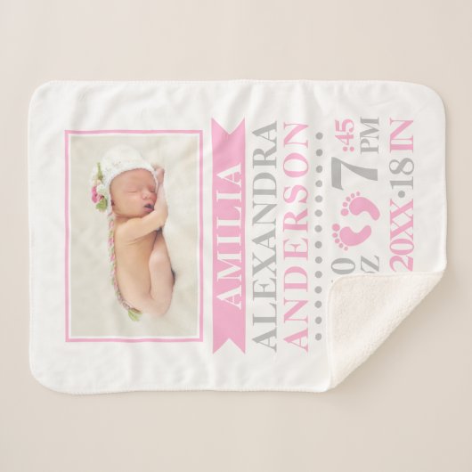 かわいいピンクグレーのベビーガールの誕生統計写真ソフト シェルパブランケット (正面(横))