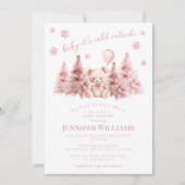 かわいいピンクゴールドの冬のテディベア 赤ちゃん女の子のシャワー 招待状 (正面)